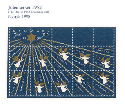 Nytryk af Julemærket 1952 - Engle mellem julestjernens stråler af K. og E. Clemmensen